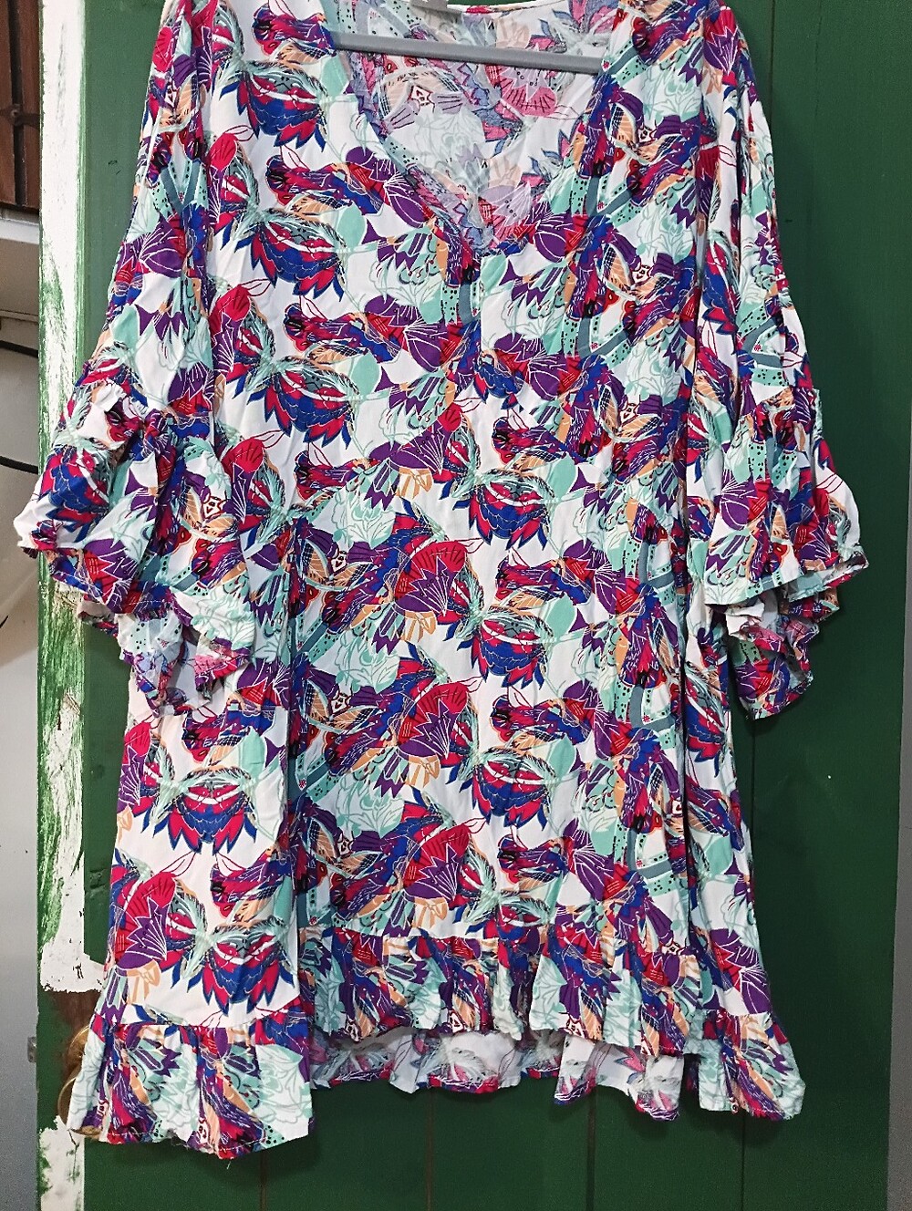 Avenue White Floral V-Neck Ruffle Sleeve Tunic with Pink, Purple & Aqua
